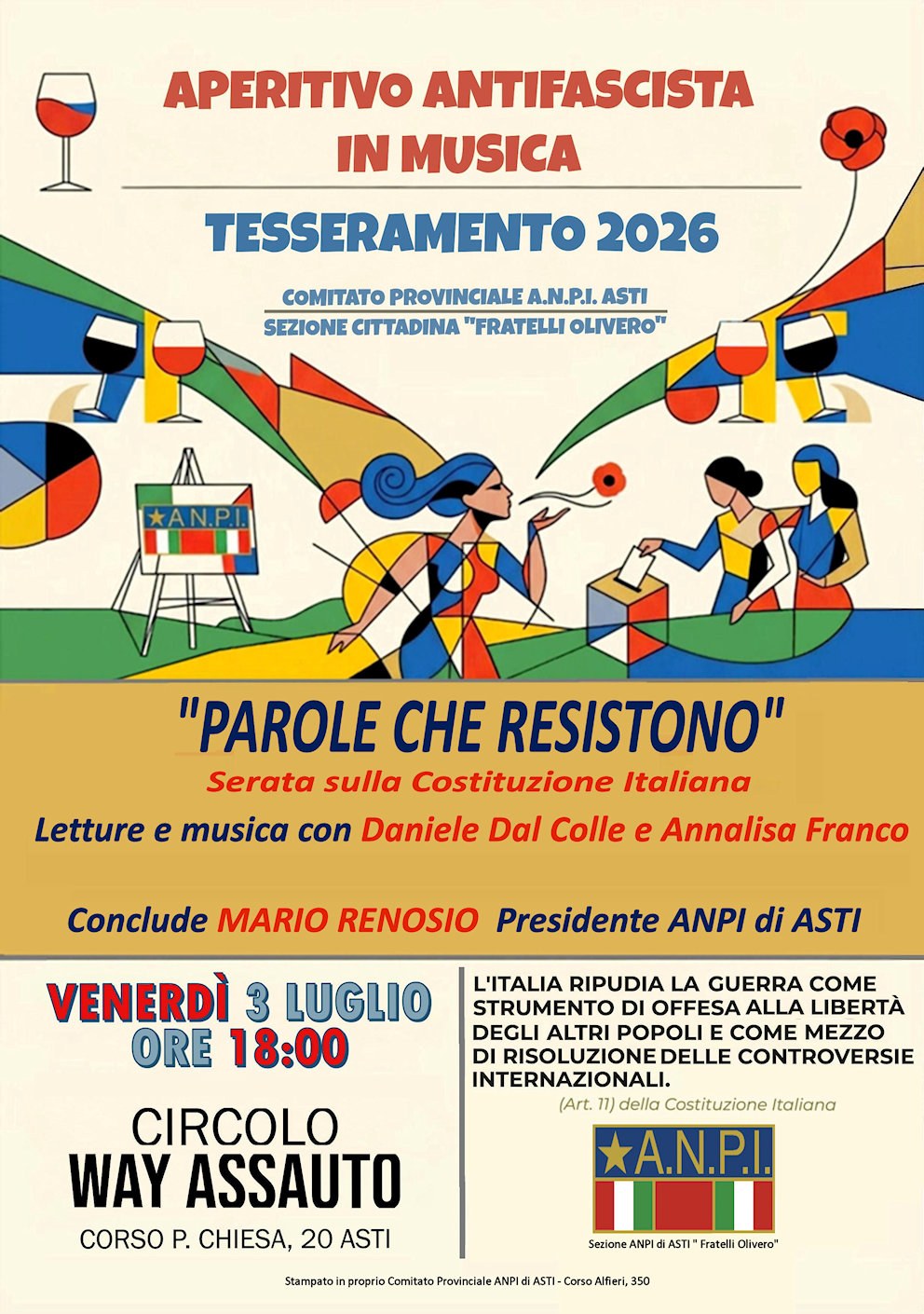Locandina dell'Aperitivo antifascista in musica, Parole che resistono, 3 luglio 2026